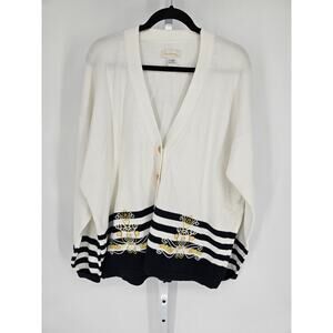 Tara Vanessa White Striped Embroidered Combed Cotton Button-Up Cardigan Size XL